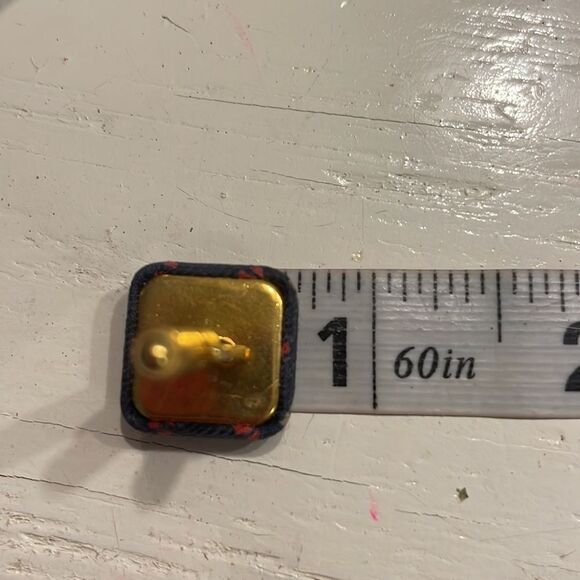 1” gold tone cuff links w/blue Damask fabric red white Fleur de Lis bullet back - Picture 10 of 11